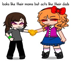 two cartoon girls holding hands with the caption looks like their moms acts like their dads