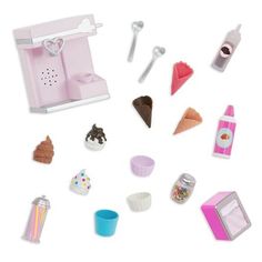 an assortment of toys including ice cream, cake and cupcakes