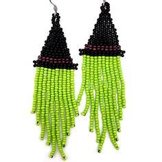 Beaded Witch Hat Earrings Beaded Witch Earrings, Beaded Dangle Earrings For Halloween, Dangle Beaded Earrings For Halloween, Handmade Green Halloween Earrings, Adjustable Beaded Earrings For Halloween, Green Halloween Dangle Earrings, Witch Hat Earrings, Spooky Costumes, Witch Earrings