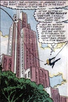 an old comic book page with a man flying through the air in front of a tall building