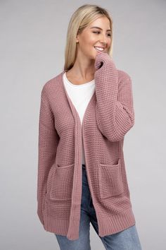 This midweight cardigan offers the perfect balance between warmth and breathability. The low gauge waffle knit adds a touch of texture and visual interest to your outfit. What sets this cardigan apart is its practicality with pockets, allowing you to keep your essentials close at hand. Whether you're layering it over your favorite outfit or using it as an extra layer during colder days, this cardigan is a versatile addition to your wardrobe. *Color may vary slightly due to monitor resolutionMade Dark Green Cardigan, Romper And Jacket, Classic Cardigan, Open Cardigan Sweater, Open Knit Cardigan, Knitted Coat, Kimono Cardigan, China Fashion, Open Cardigan