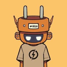 an orange robot with horns and eyes wearing a t - shirt that says electric on it