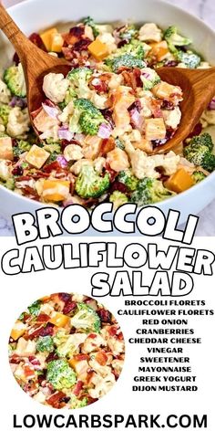 broccoli cauliflower salad in a white bowl with wooden spoon