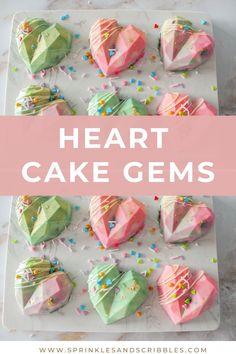 heart shaped cake gems on a plate with sprinkles