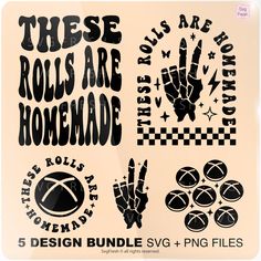 this is an image of some stickers that say, these rolls are homemade and there's 5 different designs