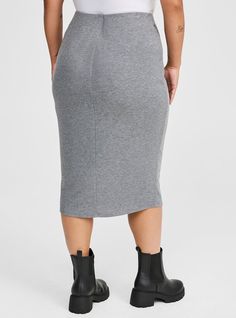 FIT Pencil silhouette. Measures 29” from waist to hem (size 2). MATERIALS + CARE Rib knit fabric. . 62% polyester, 33% rayon, 5% spandex. Machine wash cold. Line dry. . Imported. DETAILS 2” waistband. The best plus size women's midi rib column skirt dresses in heather grey made of polyblend. Torrid is your destination for cozy fall and winter clothes to keep you warm and comfortable. Fitted Midi Skirt With Elastic Waistband, Casual Gray Pencil Skirt, Stretch Midi-length Lined Skirt, Stretch Midi Length Lined Skirt, Stretch Midi Lined Skirt, Fitted Midi Bottoms With Elastic Waistband, Midi-length Bottoms With Elastic Waistband And Stretch, Stretch Midi Bottoms With Elastic Waistband, Stretch Bottoms With Elastic Waistband And Midi Length