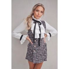 Beautiful 2-Piece Tweed Outfit. White Ruffled Top With Beautiful Ruffled Sleeves And Lovely Tweed Mini Dress. Absolutely Cute And Sexy! New With Tags! Chic Houndstooth Tweed Dress, Chic Tweed Dress With Ruffles, Tweed Skirt Set, Pink Tweed Skirt, Tweed Outfit, Tweed Set, White Ruffle Blouse, Tweed Vest, Bow Tie Blouse