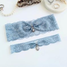 Gorgeous silver or gold custom sized lace Wedding garter set, made with high quality glass crystal rhinestones and stretch lace in the color you choose.  MEASURING INSTRUCTIONS: Use a soft tape measure or string and ruler. Measure where you want to wear your keepsake garter and order your actual measurement. I will take some off so it stretches to fit. Your toss garter will be made smaller than the keepsake. SHIPPING: Each item is custom handmade to order and will ship out 3-5 business days afte Wedding Something Blue, Lace Wedding Garter Set, Wedding Garter Lace, Wedding Garter Set, Wedding Garters, Fancy Wedding, Wedding Garter, Garter Set, Wedding Guide