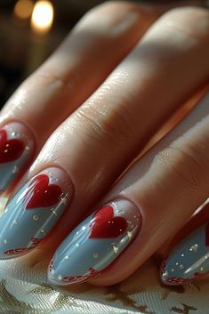 Blue Valentines Day Nails 2024: Serenade of style in oceanic hues!  #gelnail Oval Nail Art Ideas, Blue Nails Red Heart, Earthy Valentines Nails, Nail Art Ideas Valentines, Blue Valentines Nails Designs, Red And Baby Blue Nails, Baby Blue Valentine Nails, Lowkey Valentines Day Nails, Girly Valentines Nails