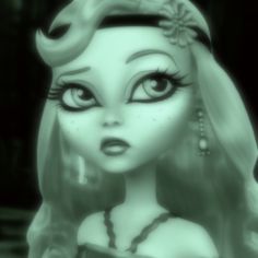 an animated image of a woman with long blonde hair and big eyes, wearing earrings