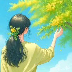 a painting of a girl reaching up to a tree with yellow flowers on it's branches