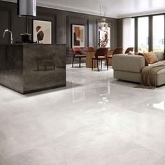 Polished Porcelain Tile White River 39x39 Rectified for interior residential applications White Tiles Living Room, Porcelain Tile Floor Living Room, White Floors Living Room, Marble Floor Living Room, Tiles Living Room, Tile Floor Living Room, White Marble Floor, Modern Flooring, White Tile Floor