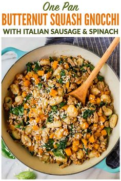 one pan butternut squash gnocchi with italian sausage and spinach in a skillet