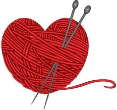 a ball of yarn and two knitting needles in the shape of a heart