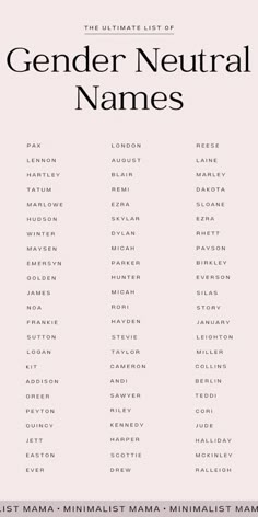 the ultimate list of gender neutral names for men and women in black text on a pink background