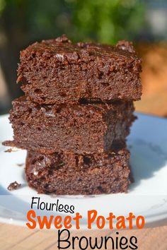 three brownies stacked on top of each other with the words flourless sweet potato brownies