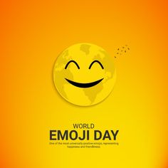 a yellow background with a smiley face and the words world emoji day written on it