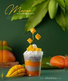 an advertisement for mango juice with fruit on the side