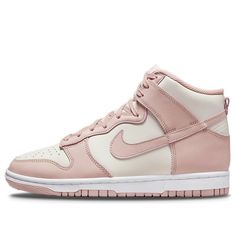 The Nike Dunk High 'Pink Oxford' is a stylish and classic sneaker for women. It features a two-tone colorway with a pink hue on the upper and tongue, and cream accents on the laces, lining and branding. The white midsole adds a bright contrast and the soft pink sole completes the design. This sneaker is perfect for everyday wear, and its timeless design makes it a great addition to any wardrobe. The inspiration behind the design is the 'Phantom' series, which celebrates the beauty of pink. (SNKR Rosa Jordans, Dunk Shoes, Pink Jordans, Jordan 4s, Cute Nike Shoes, Nike Sb Dunk, Nike Dunk High, Dunk High, Cute Nikes