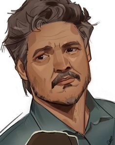 a drawing of a man with grey hair and beard wearing a blue button up shirt