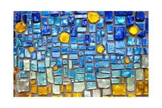 an abstract painting with blue and yellow squares