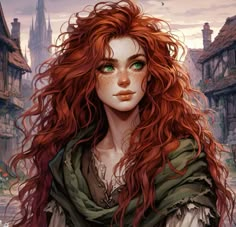 a woman with red hair and green eyes standing in front of an old - fashioned town