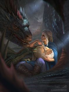 a woman sitting next to a dragon in a cave