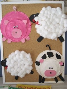 three paper plates with farm animals on them, one is pink and the other is white