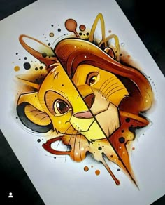 a drawing of a lion with an orange hat on it's head and eyes