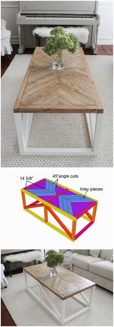 the coffee table is made out of wood and has different colored sections on each side