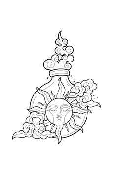 a drawing of a vase with the sun and clouds on it, in black and white