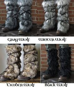 four different types of boots with furry fur on them and the words gray wolf written below