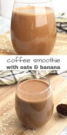 coffee smoothie with oats and banana in a glass on a wooden cutting board