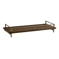 a wooden shelf with two brass handles