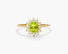 Peridot Rings, Sunburst Ring, Floral Halo, Peridot Ring, Put A Ring On It, Round Cut Diamond, Brilliant Colors, Bezel Setting, Diamond Shapes