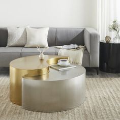 a living room with a couch, coffee table and other items on the carpeted floor