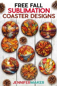 an advertisement for the free fall sublimation coaster design contest, featuring autumn leaves and pine cones