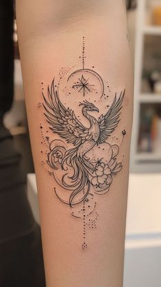 a tattoo on the leg of a woman with an eagle and stars above her head