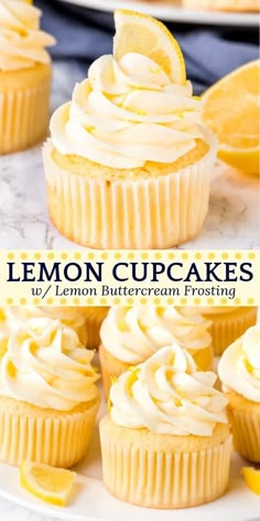 lemon cupcakes with frosting and fresh lemon wedges on top, ready to be eaten