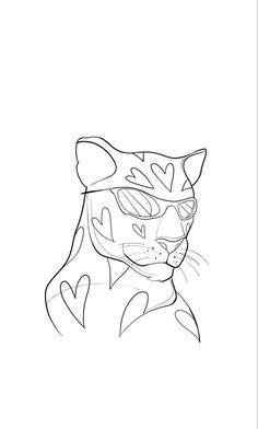 a black and white drawing of a cat with glasses on it's head, looking to