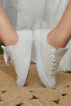 Now all our wedding sneakers with free express shipping upgrade to USA, Canada and Europe : 2-4 business days transit time always.You can have your shoes pretty fast with guranteed transit times by DHL express. New faster production time.Everything is shipped in 1-2 weeks. Made with love for your wedding day by Lovin Bridal - More Wedding shoes at our shop : http://lovincollection.etsy.com Different shoelace colors available - White/Silver , Gold, Rose Gold White Sequin Converse Sneakers, White Glitter Sneakers Wedding, White Glitter Shoes, Converse Glitter, Cinderella Wedding Shoes, Wedding Sneakers For Bride, Glitter Tennis Shoes, Sequin Converse, Sparkly Converse, Bride Converse