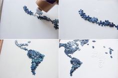 the process of making a beaded map of the world is shown in four different stages