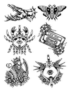 six different tattoo designs in black and white