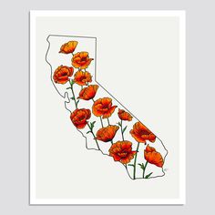 an illustrated map of california with orange poppies