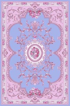 a pink and blue square scarf with an ornate design on the center, surrounded by flowers