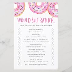 a pink donut themed would she rather do question card