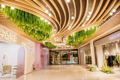 the inside of a store with plants hanging from the ceiling