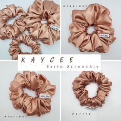 Our Kaycee satin scrunchie is a rose gold coloured, soft satin scrunchie, named after one of Milly's friends, Kaycee. The Kaycee scrunchie is available in 3 different sizes, petite, Mini-mae, Mega-mae. Petite size has an 10cm fabric width, so it is thinner and less fluffier. Mini-mae size is recommended for younger girls or thinner hair, and has a 12cm fabric width and fluffier than the petite. Mega-mae size is recommended for adults, or for thicker hair, or if you just want that extra large scr