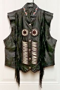 Beautiful Antelope Creek leather vest, size XL Native American themed, beaded, fringed, snap close, black. Heavy leather lined, no pockets. I paid 129.00 for this vest. chest 20" pit to pit length 20" smoke free home Beaded Vest, Black Fringe, Leather Vest, Native American, Leather, Black