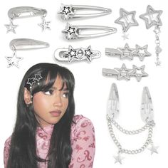 PRICES MAY VARY. Package Contain - Our silver star hair clips include 8 styles, 10pcs in total. You can mix and match as needed to create a unique style Y2K Fashion Style - These silver star clips are excellent Y2K hair accessories for girls. The rich shapes are suitable for various hair types Easy to Combine - These star shaped hair clips can be easily combined with other silver hair accessories or jewelry to create a personalized look Wide Occasions - These y2k hair clips can be worn for many Hair Accessories Y2k, Y2k Hairstyles Hairclips, Cute Hair Pins Aesthetic, 2000s Accessories Jewelry, Outfit Accessories Ideas Jewelry, Cute Clips For Hair, How To Style Hair Clips, Star Hair Clips Hairstyles, Cute Hair Accessories Clips